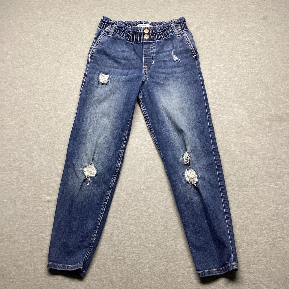 Abercrombie Kids High Rise Mini Mom Jeans Size 11/12 Slim Distressed Denim Blue